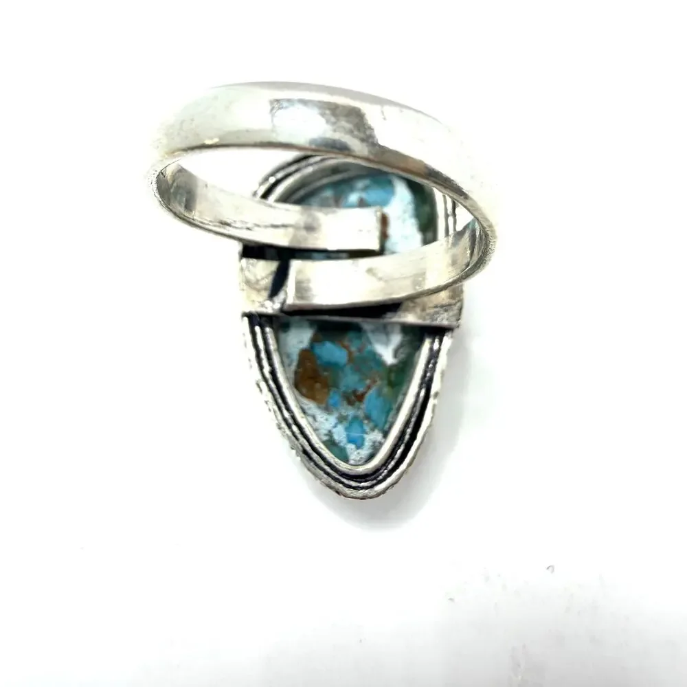 Turquoise gemstone, silver overlay ring stamped 925‎  oval adjustable 5-8